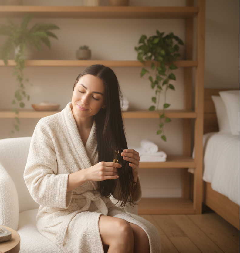 applying hair oil, comfy setting