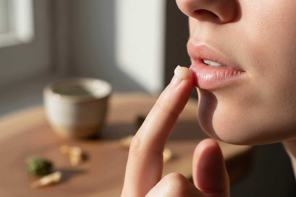 applying  lip butter with finger 